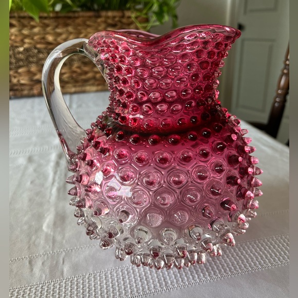 Vintage Cranberry Hobnail Large Pitcher & Dew Drop Glass Bowl | 1950s - Picture 4 of 16